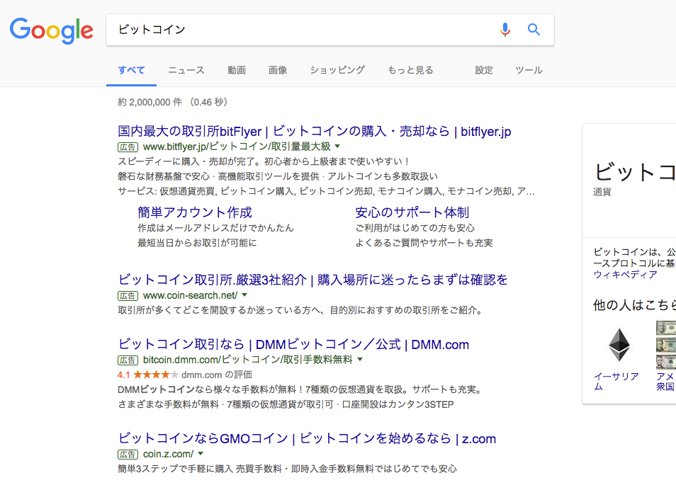 Googleで「ビットコイン」を検索